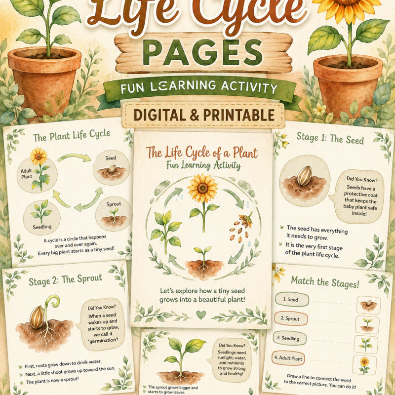 Plant Life Cycle Printable | Seed to Bloom Worksheet | Flower Growth Activity | Homeschool Science | Kids Learning PDF