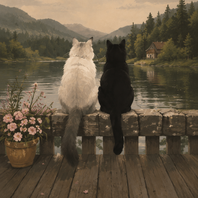 Cute Cats Sunset Landscape Print, Digital Cat Poster, Rustic Nature Wall Art Printable